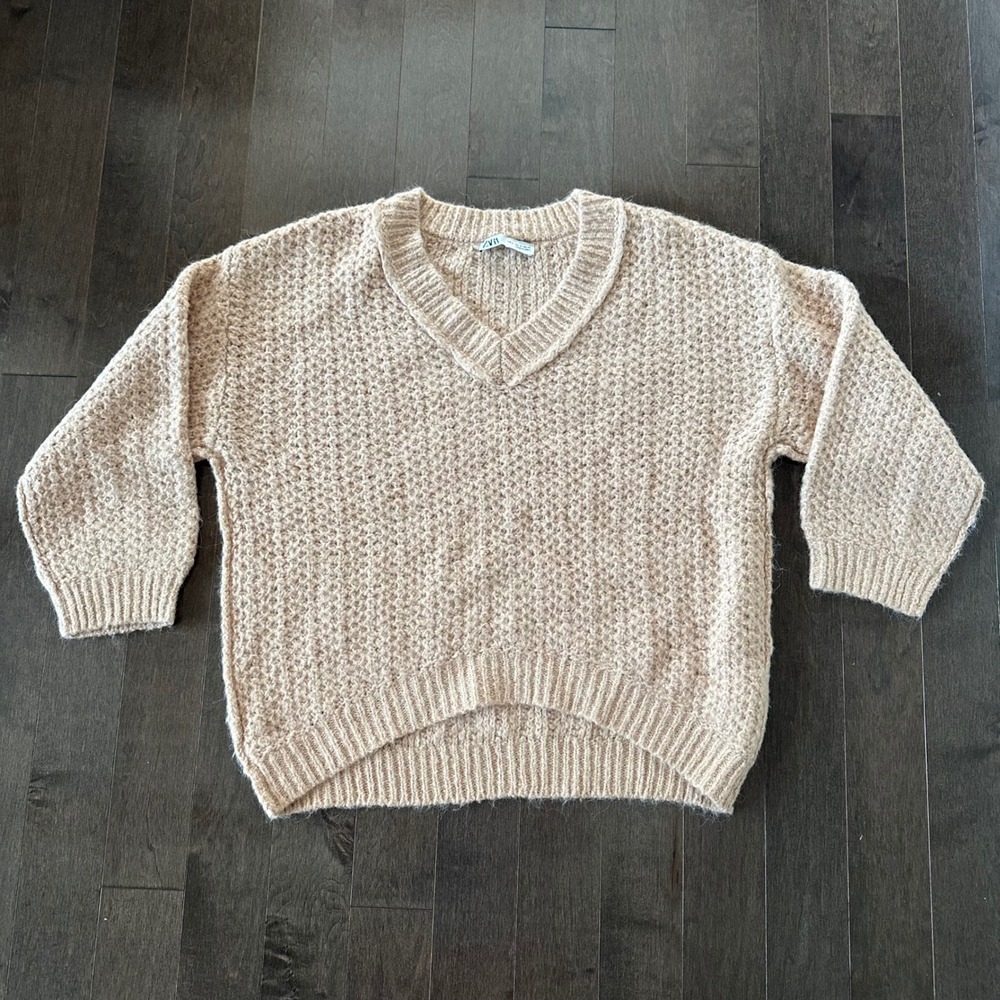 Zara V Neck Chunky Alpaca Blend Knit Sweater Slouchy Oversized Boho Ribbed Tan S